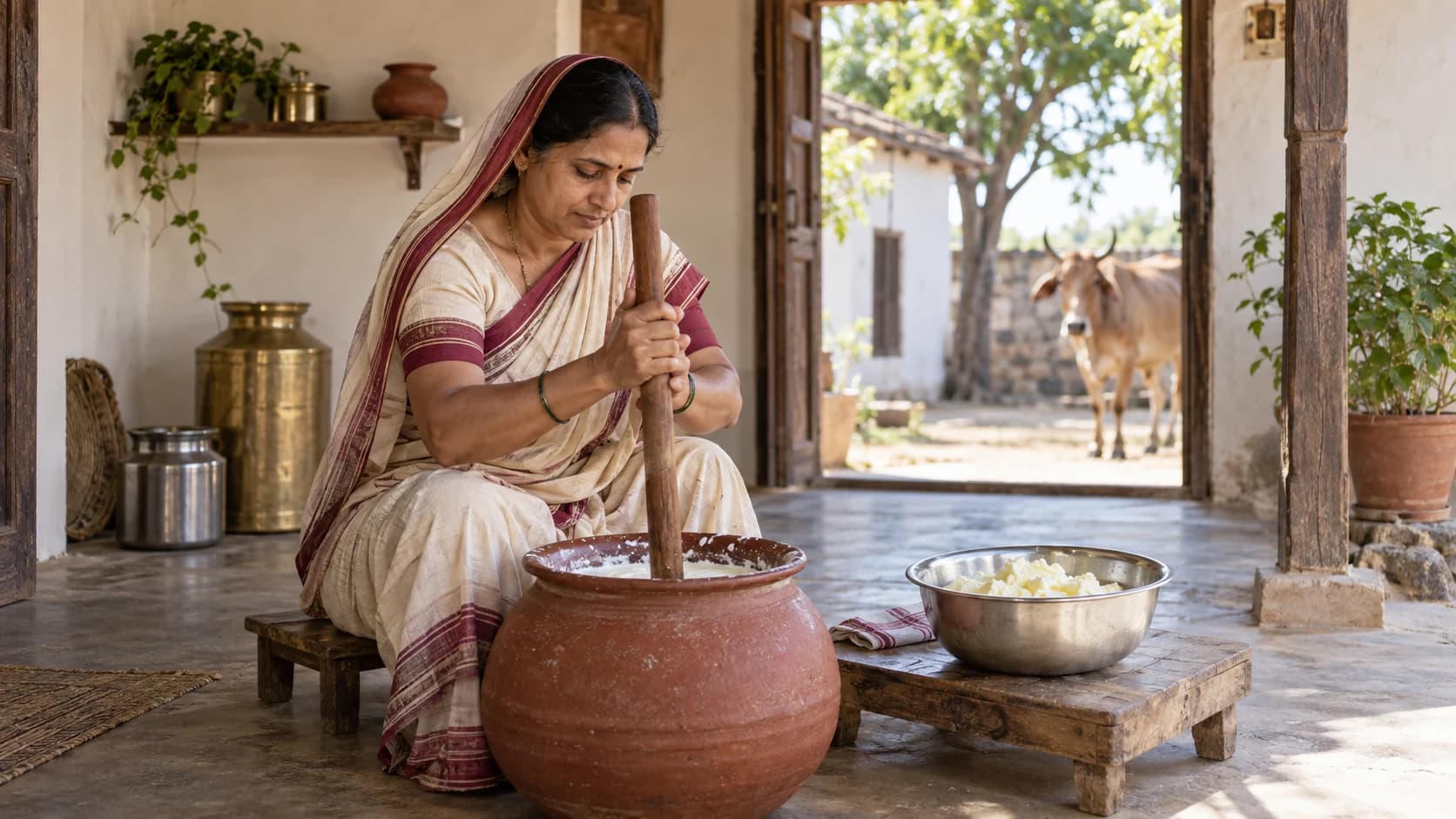 A woman churning curd by hand in a village courtyard, a Gir cow in the doorway