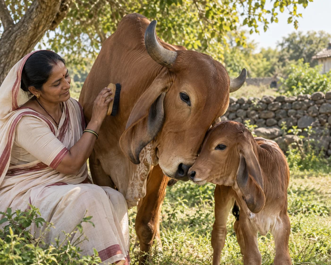 A woman brushing a Gir cow as it nuzzles its calf