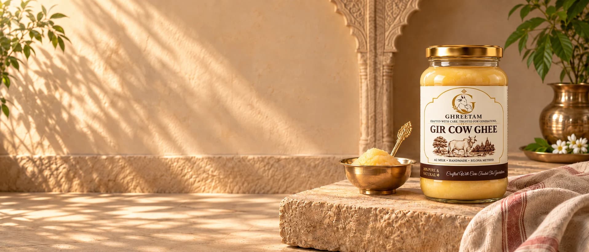 A jar of Ghreetam Gir cow ghee on a carved limestone ledge in morning light, beside a brass bowl of ghee and a brass vase of jasmine