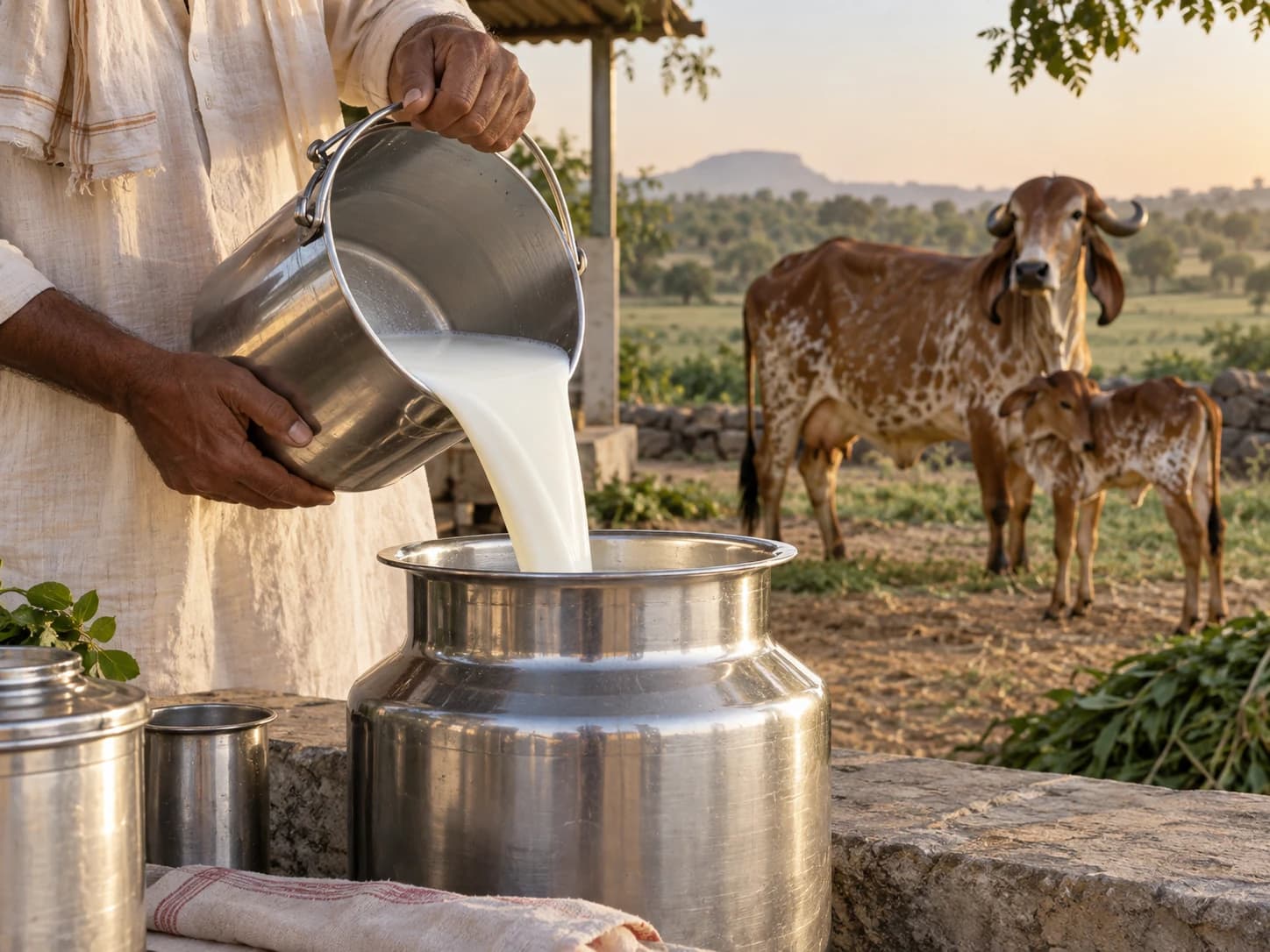 Fresh milk poured into a steel can, with a Gir cow and her calf behind