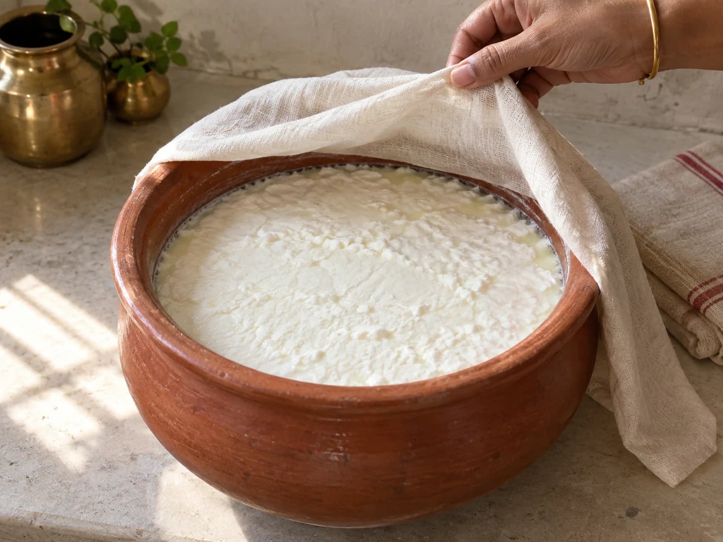 Thick set curd in a clay pot under a muslin cloth