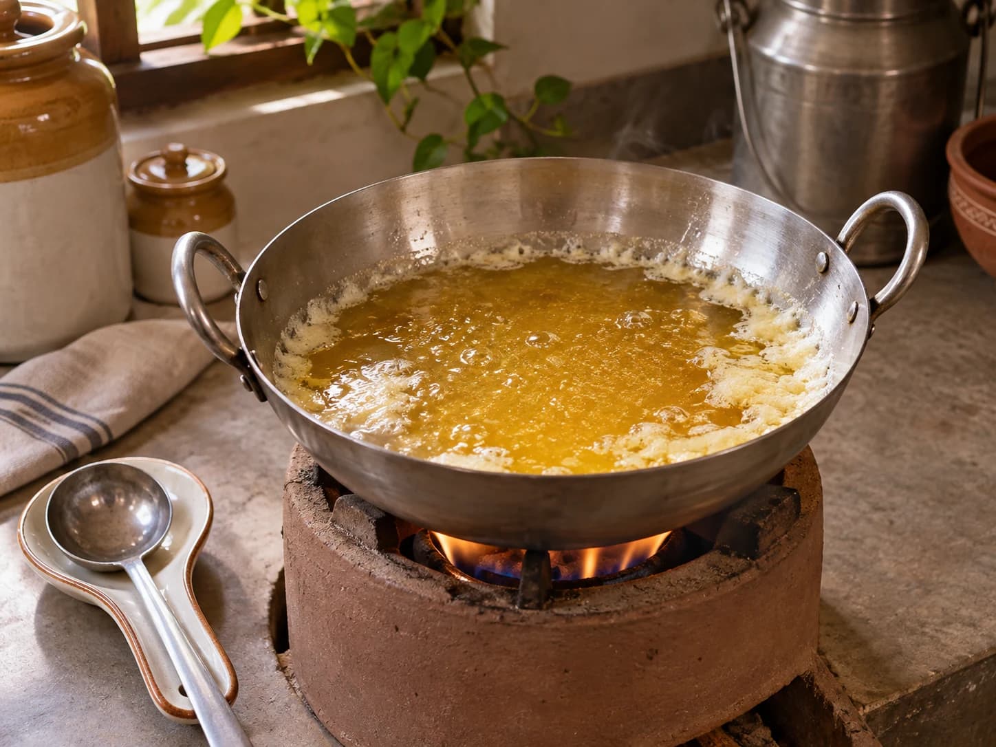 Butter simmering into golden ghee in a pan over a low flame