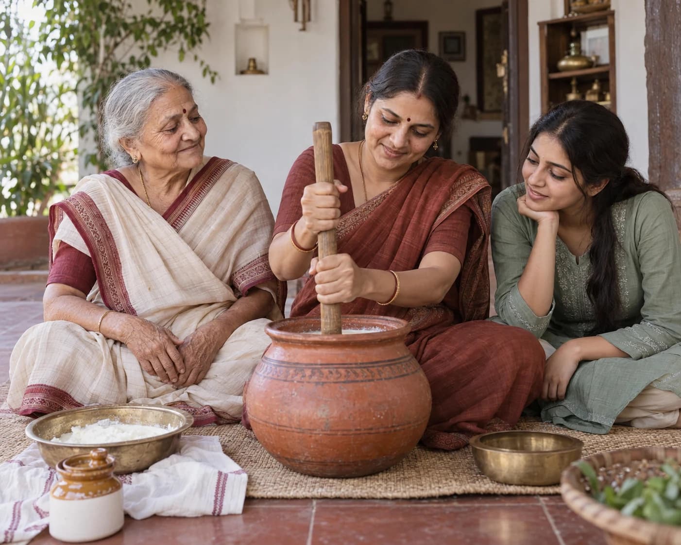 A grandmother and daughter watch a mother churn curd with a bilona