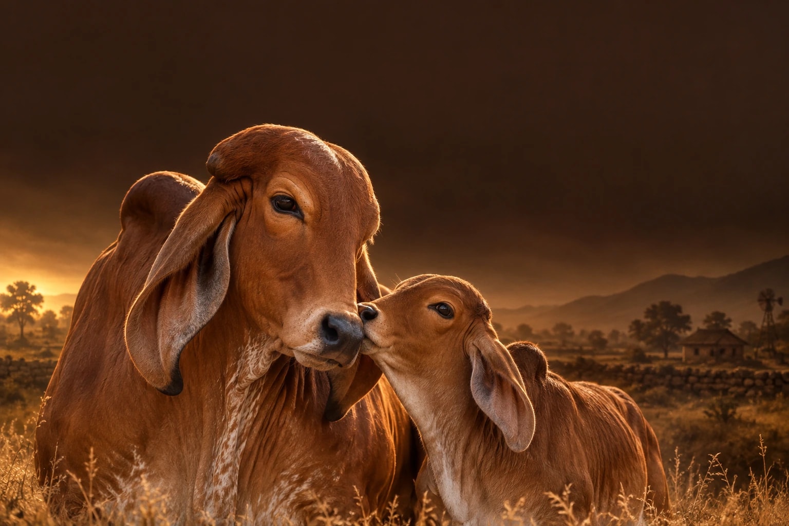 A Gir cow nuzzling her calf in golden evening light